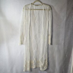 HAUTE MONDE Lace Embroidered Duster Cover Up Sz S Beige Cream